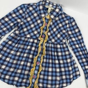 Matilda Jane Plaid Ruffle Floral Top Button Down Shirt Girls Sz 6 Blue Yellow